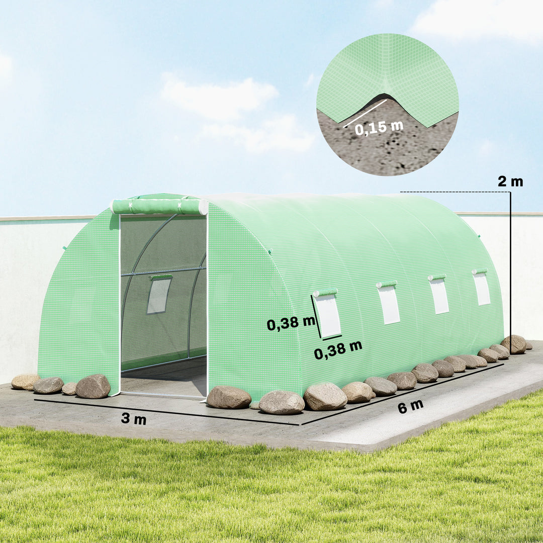 Drivhus i polytunnel med walk-in-funktion, 8 vinduer med insektnet, robust film, stålramme, 6 x 3 x 2 m, grøn