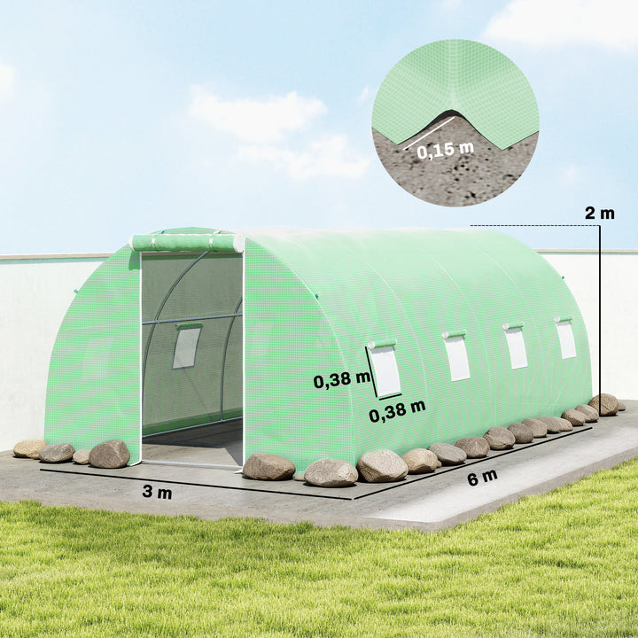 Drivhus i polytunnel med walk-in-funktion, 8 vinduer med insektnet, robust film, stålramme, 6 x 3 x 2 m, grøn