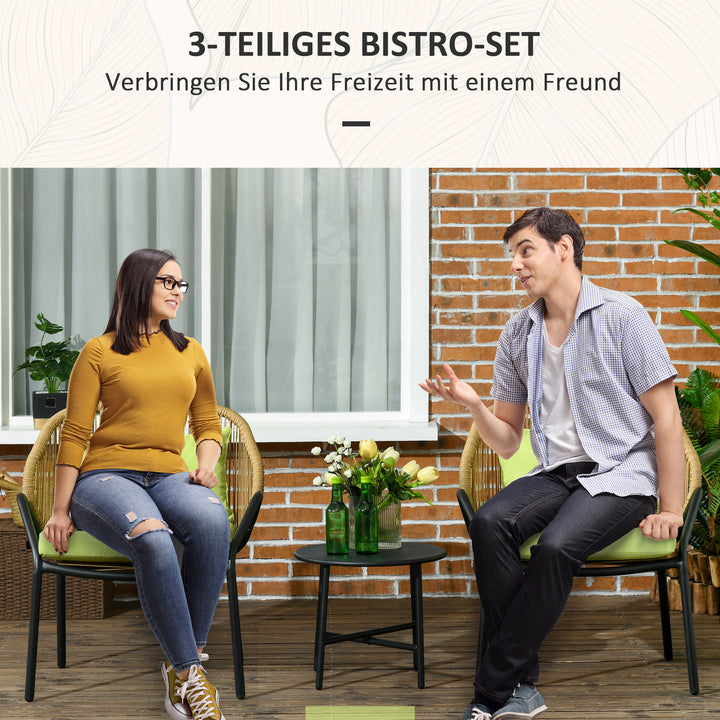 Rattan havemøbelsæt, 3 dele, sæde- og ryghynder, kunstig rattan, metalramme, grøn