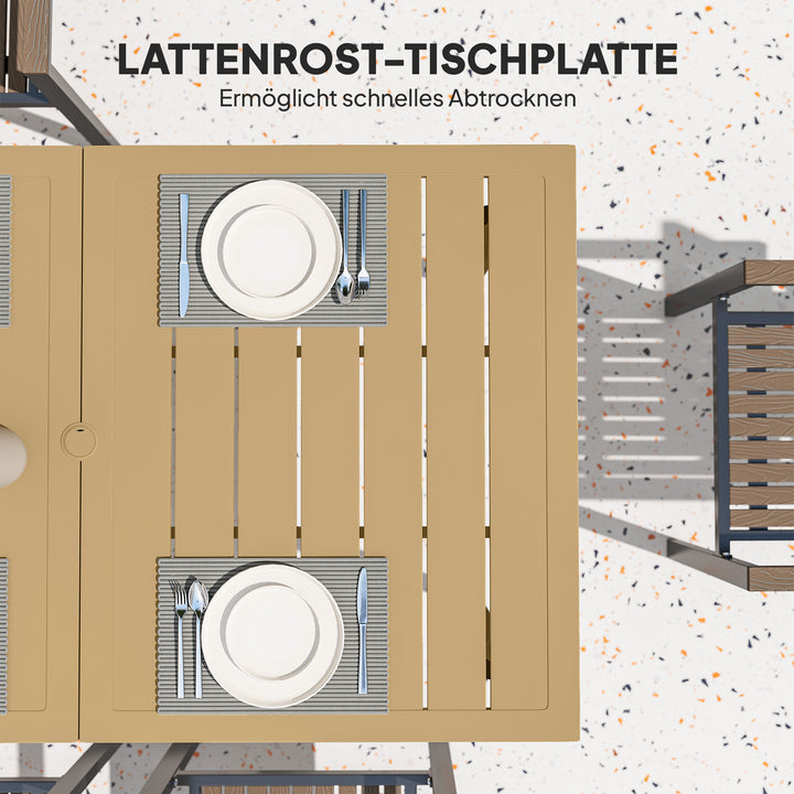 Havebord 150x90cm, vejrbestandigt balkonbord af stål, balkonbord med parasolhul, brunt