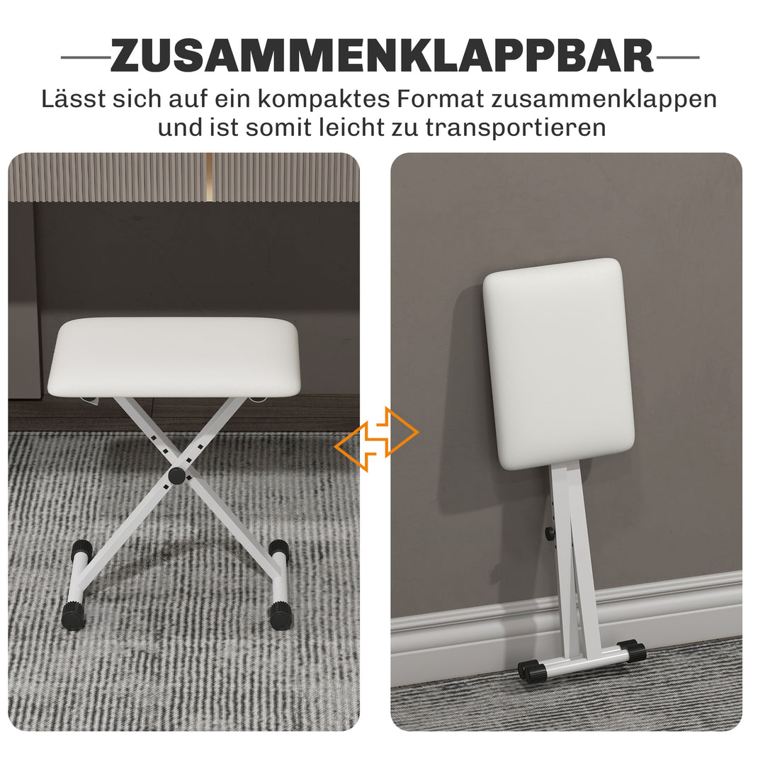 Klaverstol, højdejusterbar, foldbar X-formet klaverbænk med kunstlæderhynde, 39 x 29 x 37-47 cm, hvid