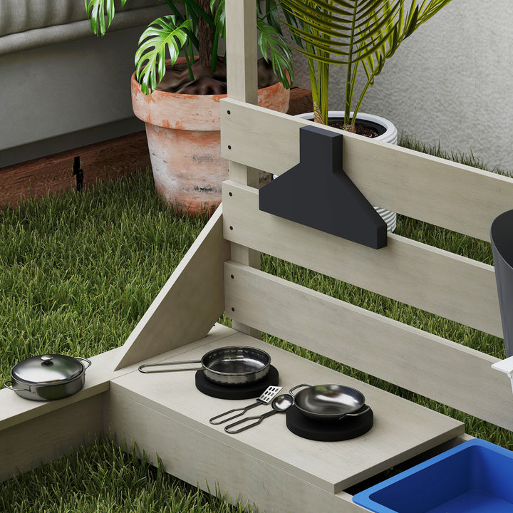 Sandkasse med soltag, piratskib, inklusive børnekøkkenlegesæt, massivt træ, 180 x 103 x 144,5 cm, grå