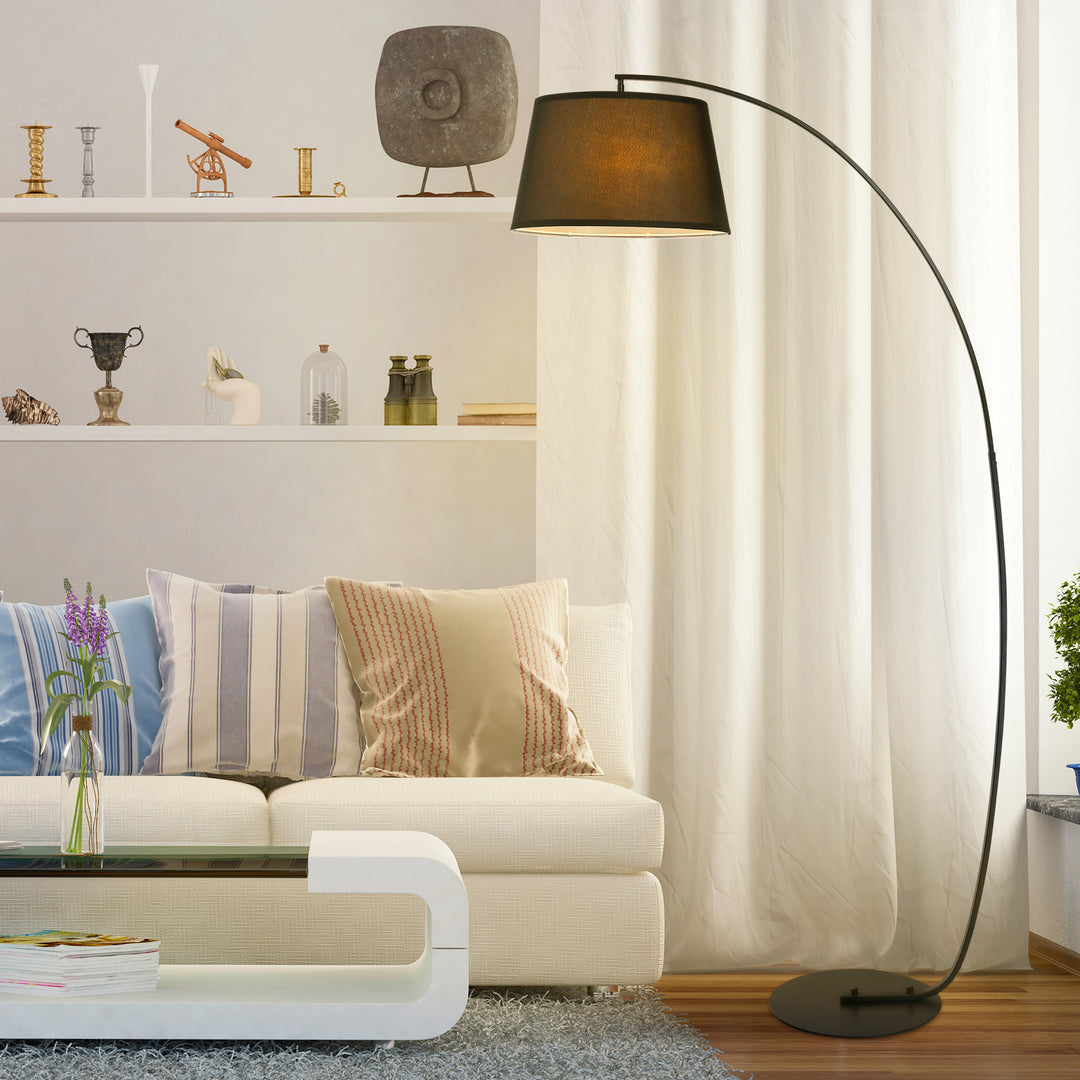 Gulvlampe, buet gulvlampe med stofskærm, gulvlampe med rund fod, metal, 105l x 47b x 190h cm, sort