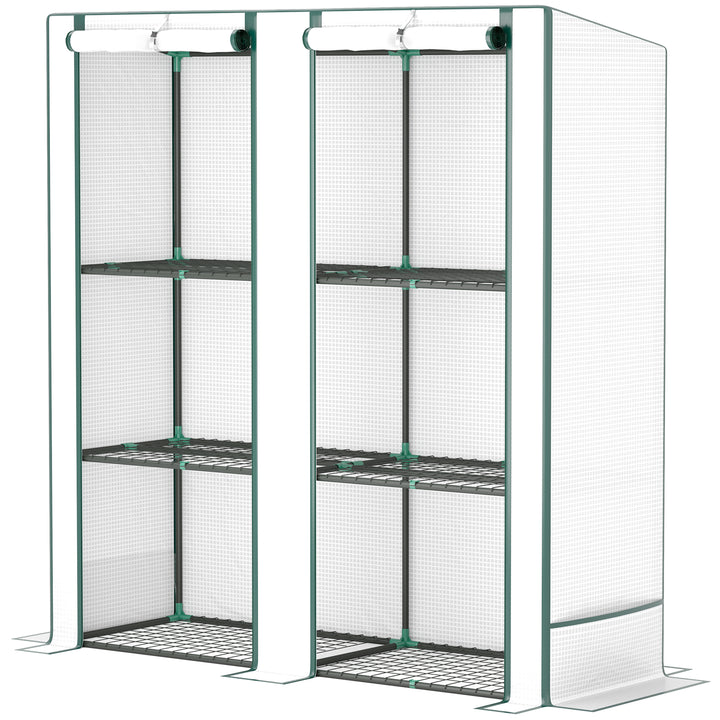 Mini drivhus med 3-lags hylde, plastikdæksel, uv-bestandig, bærbar rulleport, 144 x 48 x 152 cm, hvid