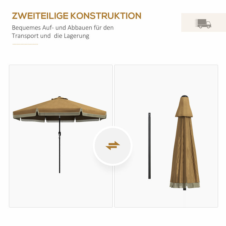 Parasol med frynset dekoration, Ø265 cm, vipbar, todelt metalstang, vindventil, khaki/sort