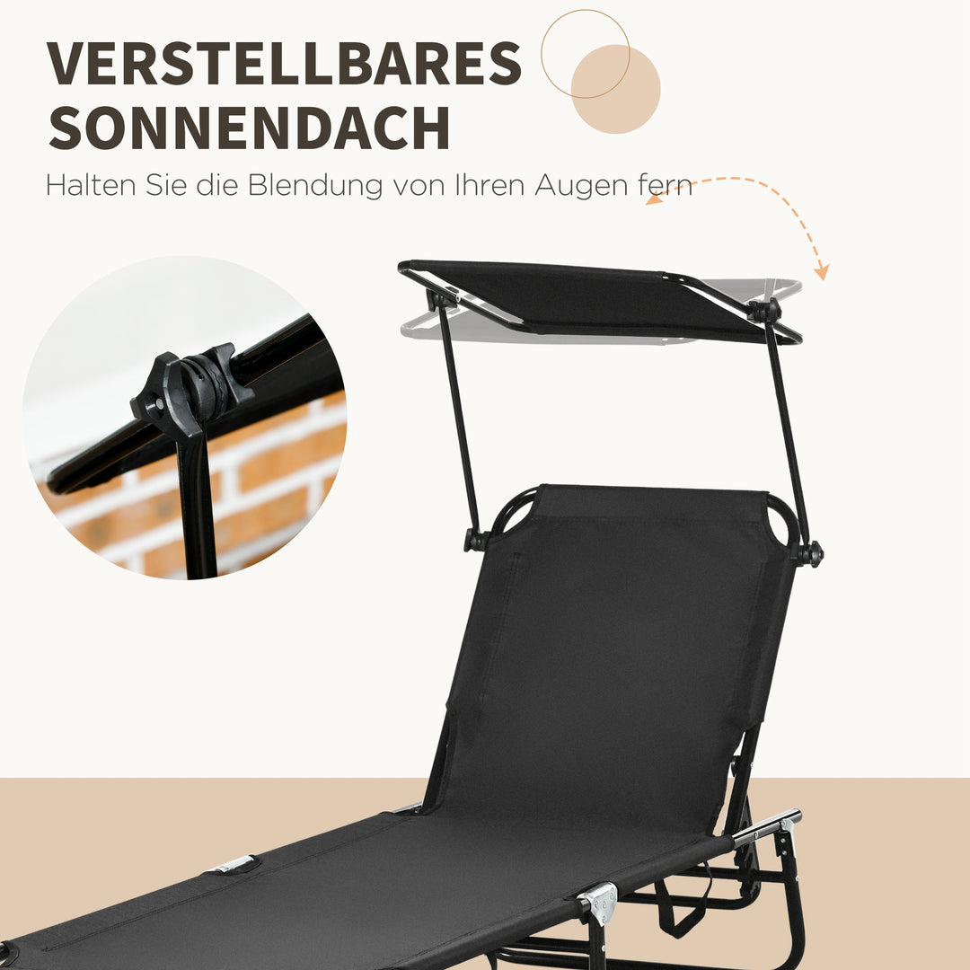 Sæt med 2 foldbare liggestole, havestole med solskærm, 5-positions højdejusterbart ryglæn, sort