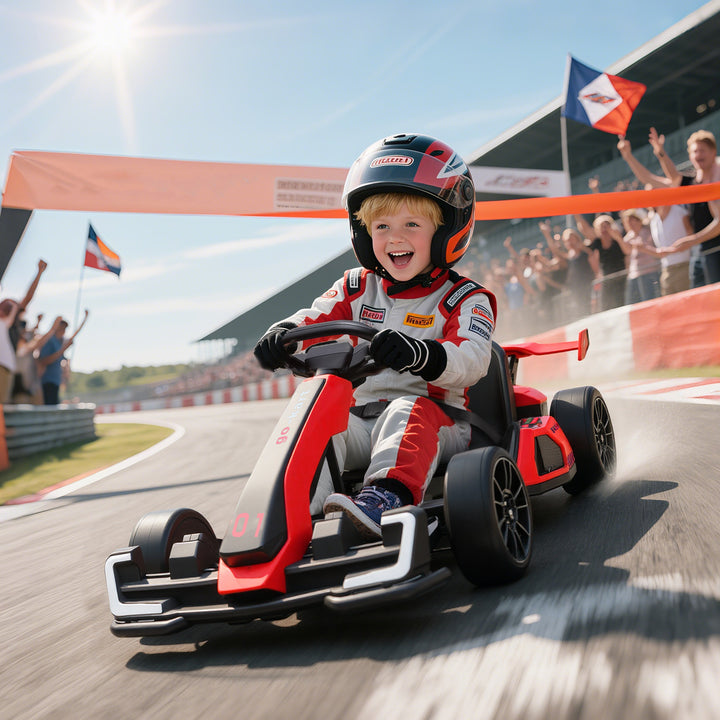 Gokart til børn, elektrisk kart med horn og musikfunktion, justerbart sæde, op til 12 km/t, plastik, metal, rød