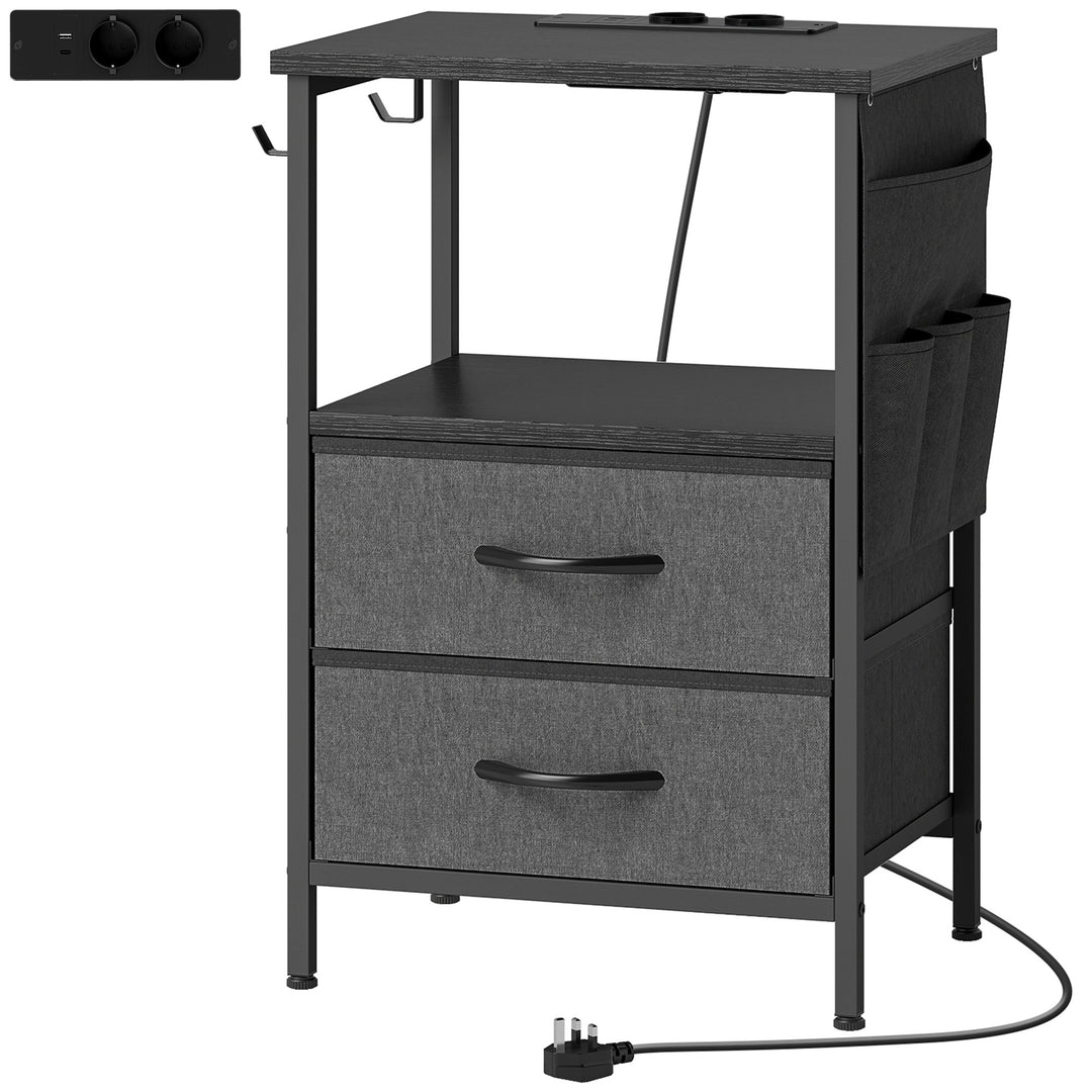 Sofabord/sidebord med ladestation, stålstel, USB-C-porte, skuffer, kroge, 40 cm x 30 cm x 60 cm, sort