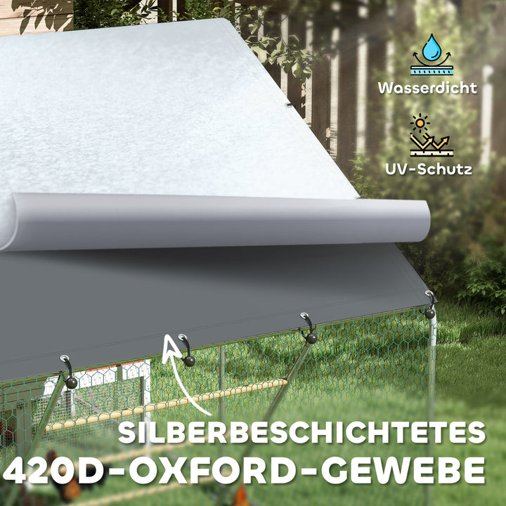 Hønsehus, fritgående indhegning til kyllinger, med uv-bestandig presenning, stålnet, automatisk foderautomat, til 6-8 kyllinger