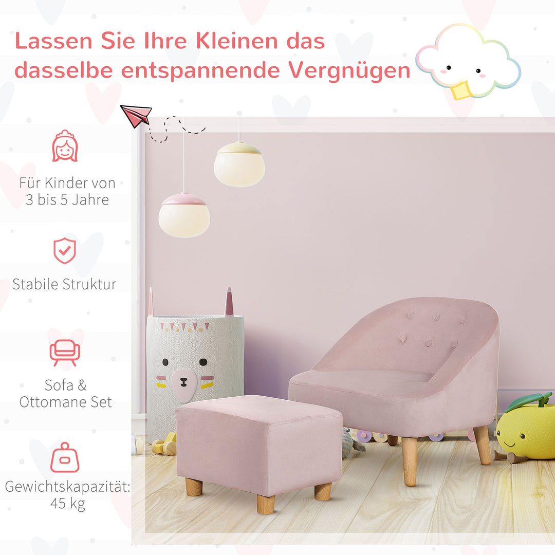 Børnelænestol med fodskammel til børn i alderen 3 til 5 år. Sødt design, fløjlslook. 51 cm x 51 cm x 50 cm. Lyserød.