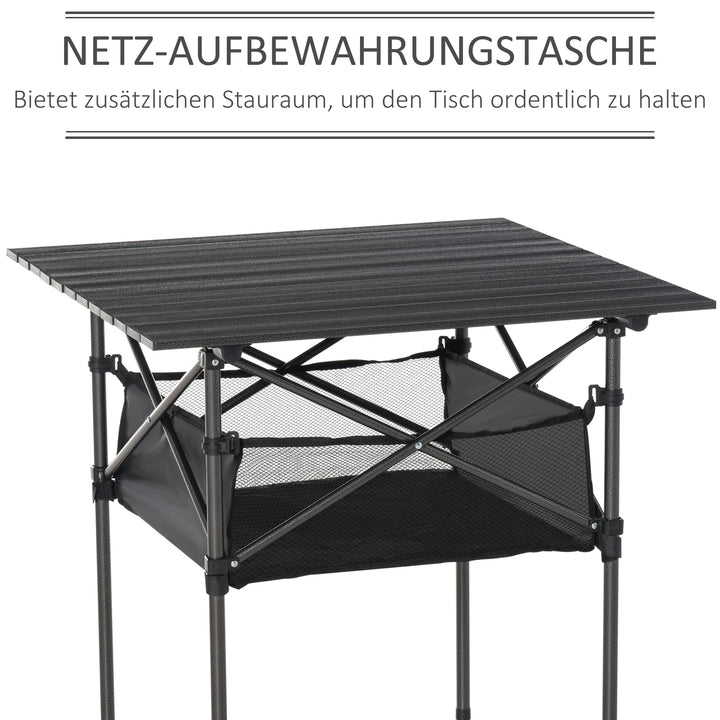 Foldbart campingbord i aluminium med netpose, bærbart picnicbord til camping, have, fest, picnic, balkon, sort, 70 x 70 x 69 cm