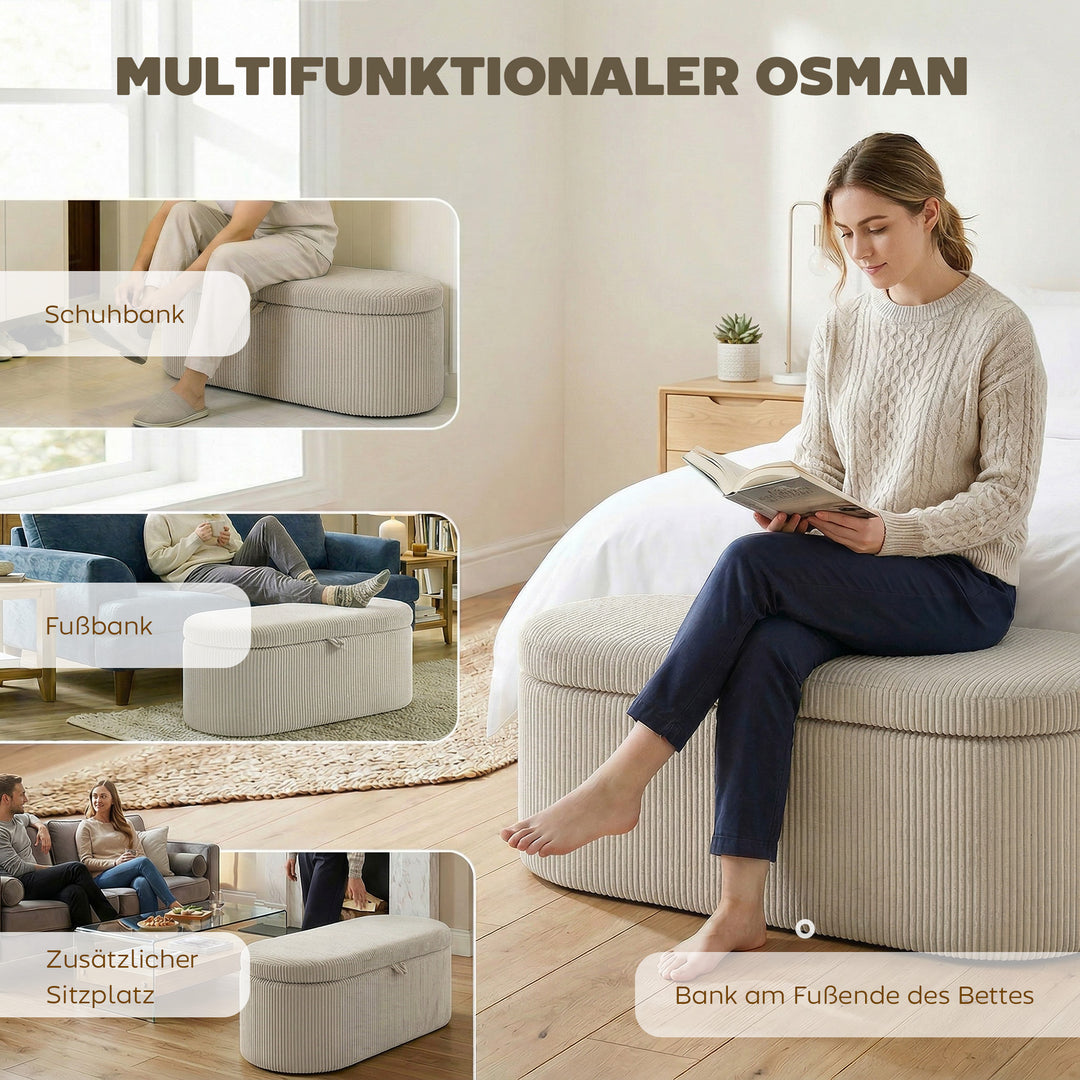 Puf med opbevaring, fløjlspolstring med polstret sæde, bænk ved foden af sengen, 105 x 51 x 49 cm, beige