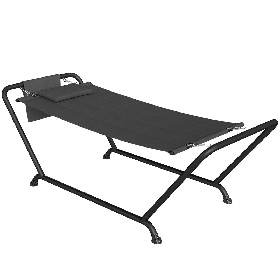 Hængekøje med stativ 237 x 90 cm, hængekøje med sprederbøjle og sidelomme, nakkestøtte, metalramme, op til 150 kg