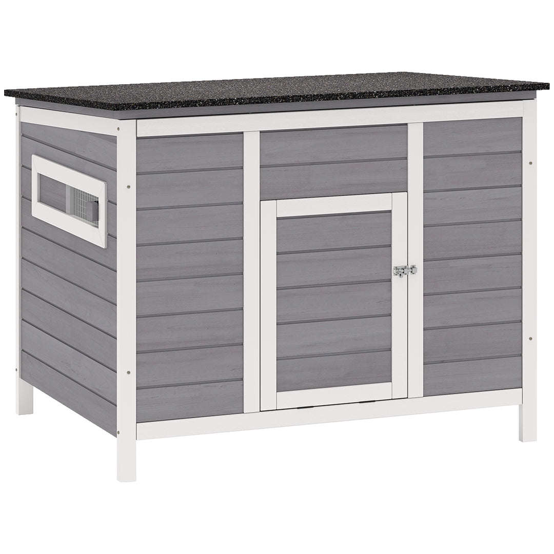 Vejrbestandigt andehus i træ med aftageligt gulv, hængslet skydevindue, asfalttag, 93x70x72 cm, grå