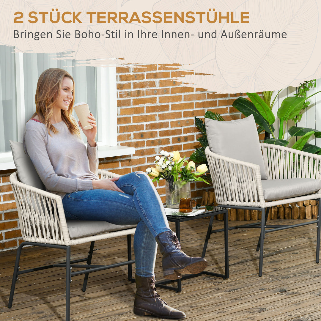 Terrassestolsæt med 2, bohemestil, komfortabel sædeskal, sædehynder, vaskbart betræk, metalstel, beige