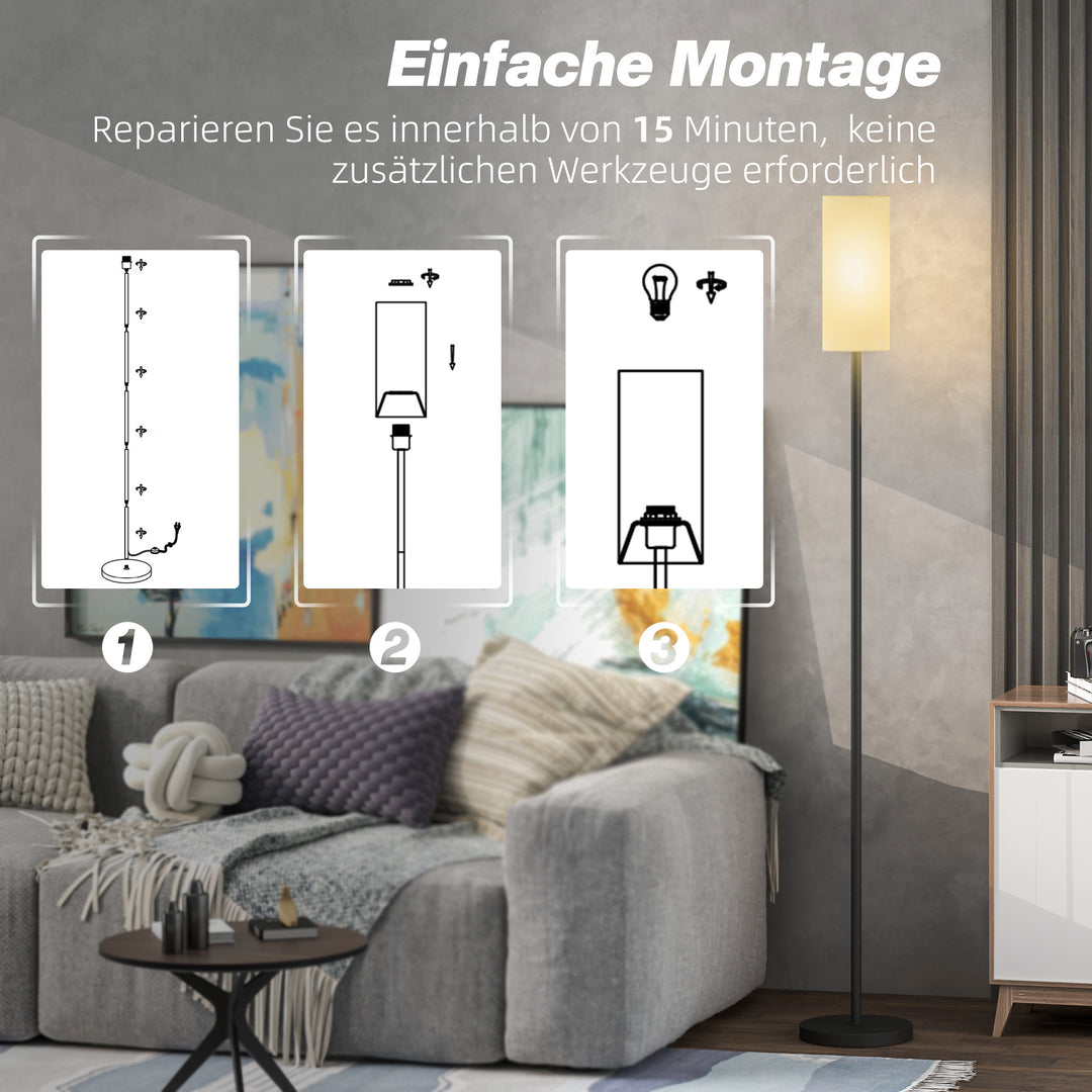 Gulvlampe, skærm i hørlook, metalstang, fodkontakt, hvid