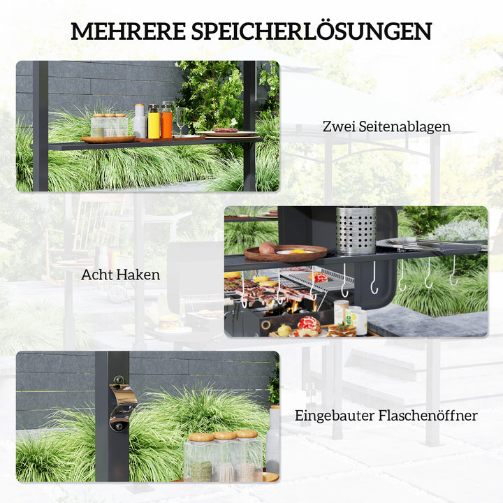 Grillpavillon, havegrilltelt med krydderirækker, LED-belysning, metal, plastik, 243L x 148B x 248H cm, grå