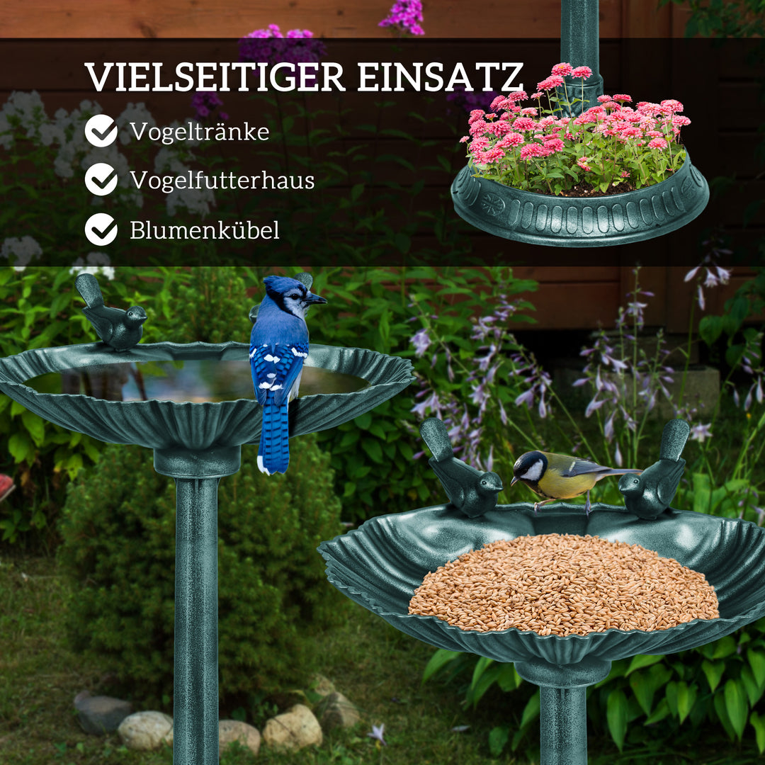 Fuglebad med statuer, 2 bassiner, plastik, antikt look, 49,5L x 38B x 81H cm, mørkegrøn