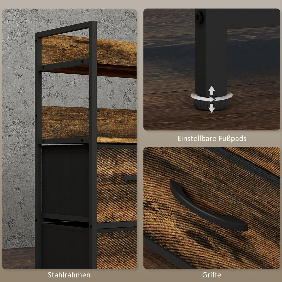 Stofkommode, 7 foldbare skuffer, 2 hylder, stålramme, brun