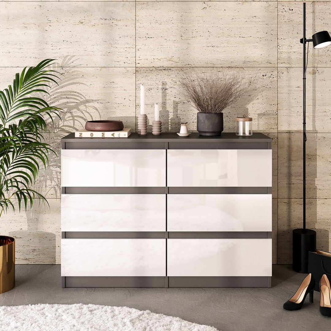 GABRIEL - Kommode / skænk med 6 skuffer - Antracit / Hvid Højglans - H71cm B100cm D33cm
