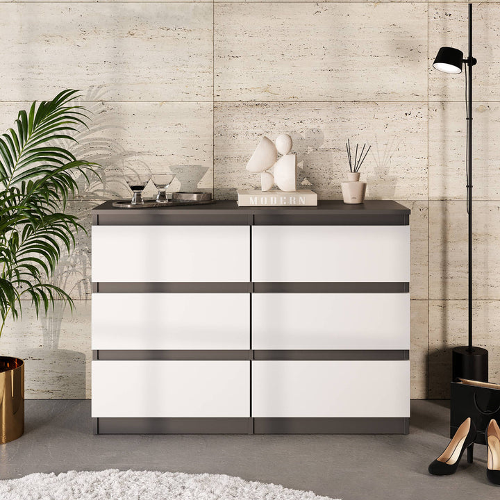 GABRIEL - Kommode / skænk med 6 skuffer - Antracit / Hvid Mat - H71cm B100cm D33cm