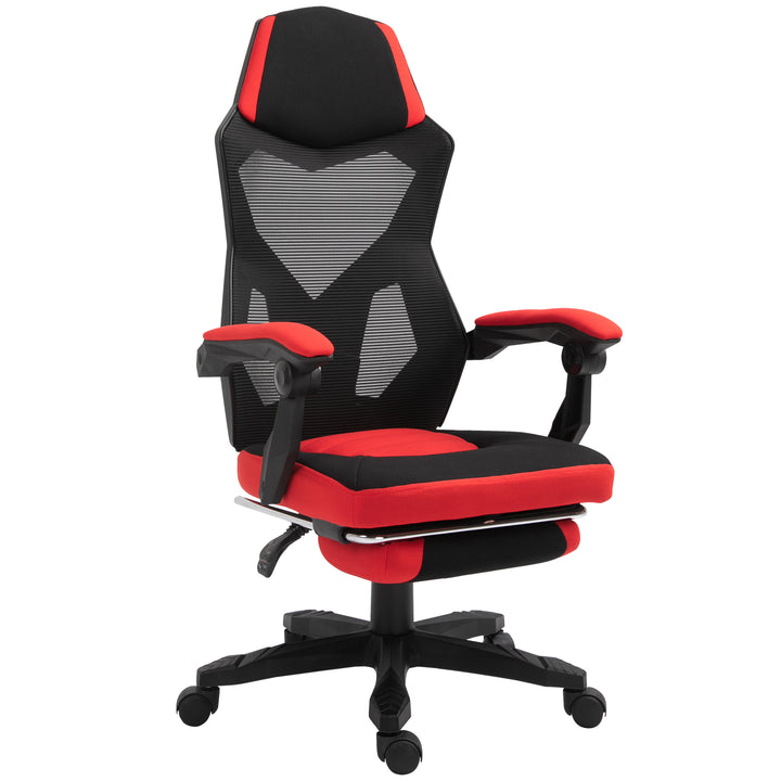 Ergonomisk kontorstol, gamingstol, drejestol med fodstøtte, pc-stol, executive-stol, højdejusterbar, polyester, sort+rød, 58 x 63 x 112-122 cm