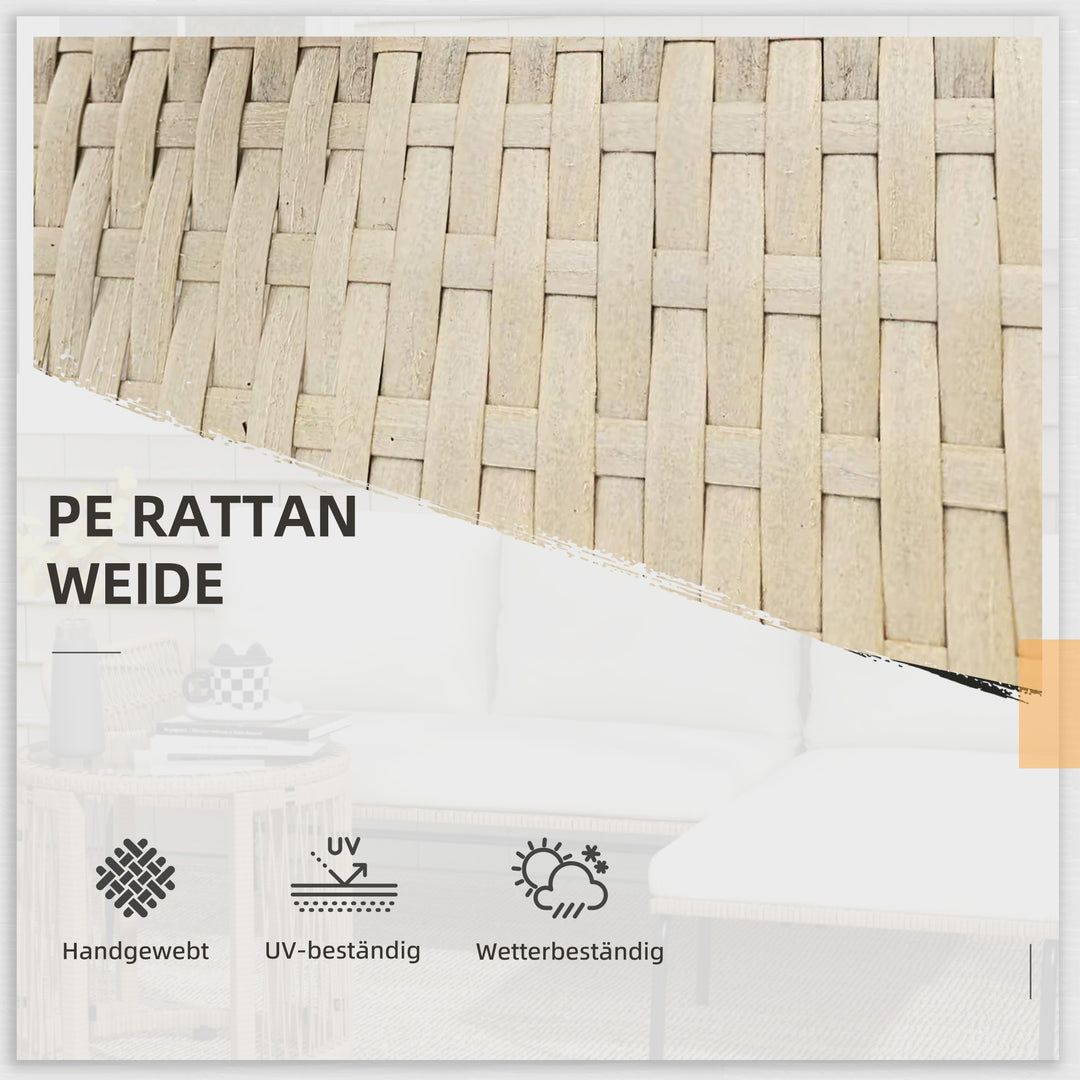 Polyrattan havemøbelsæt, 3 dele, med liggestol, to-personers sofa, aftageligt sofabord, hynder i naturhvid og cremehvid.