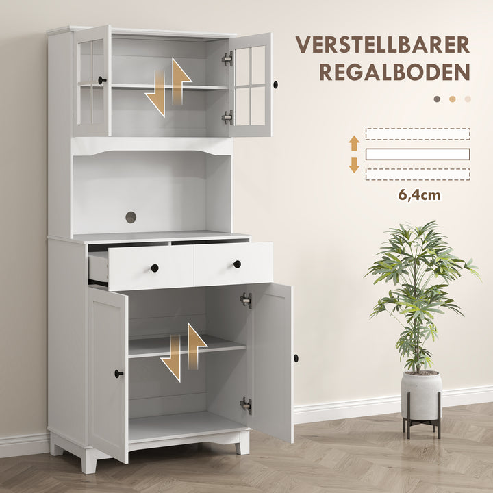 Fritstående køkkenskab med bordplade til mikrobølgeovn, kaffemaskine, skabe, vitrinelåger, hvid