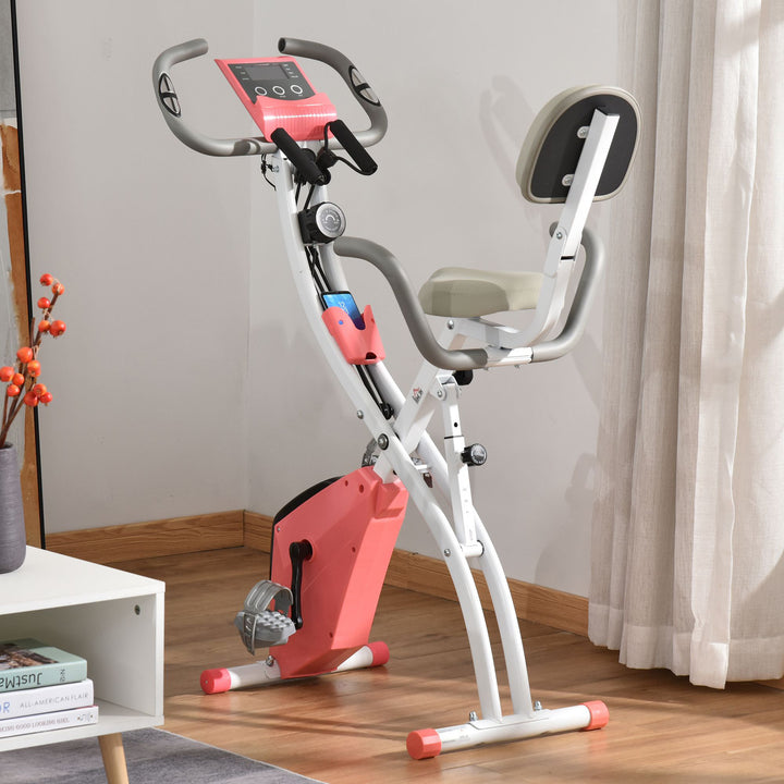 2-i-1 motionscykel med LCD-display, justerbar pulsmåler, sæde og hjul; foldbar motionscykel med 8 niveauer af magnetisk modstand, spændekabel og stålstel.