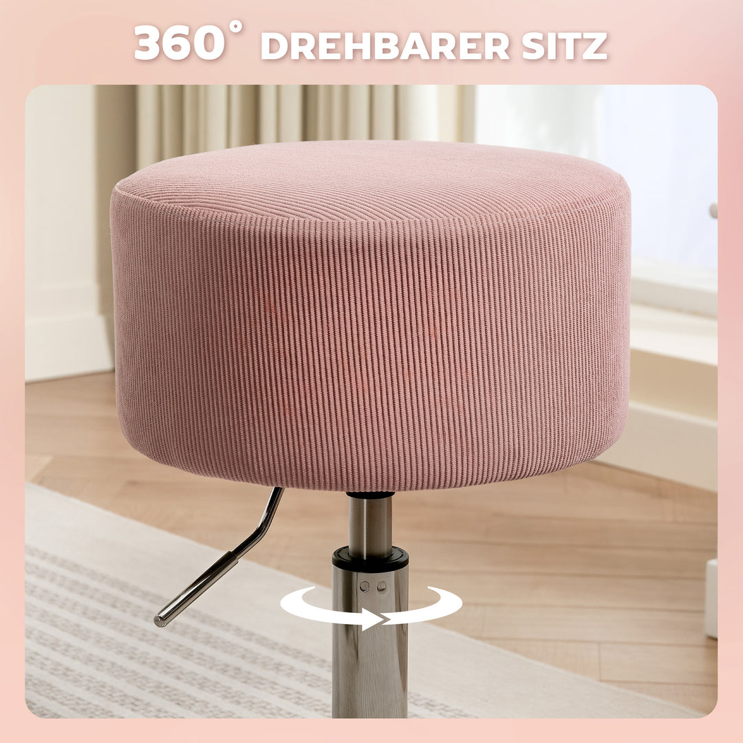 Barstol, polstret barstol med metalstel, corduroy look, højdejusterbar 360° drejelig pink