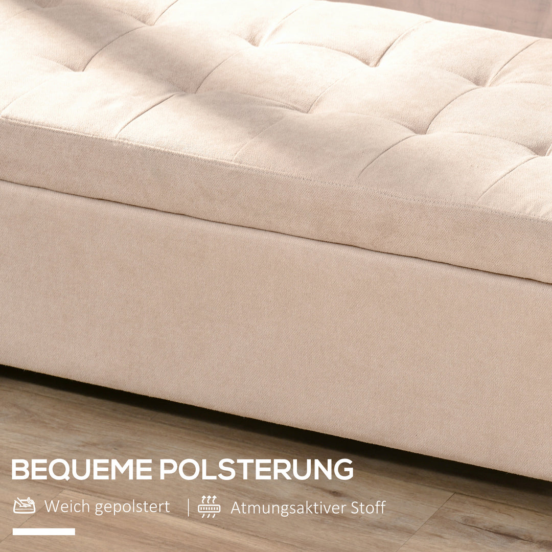 Polstret bænk med opbevaring, knapsyninger, op til 120 kg, 125 x 49 x 41,5 cm, beige