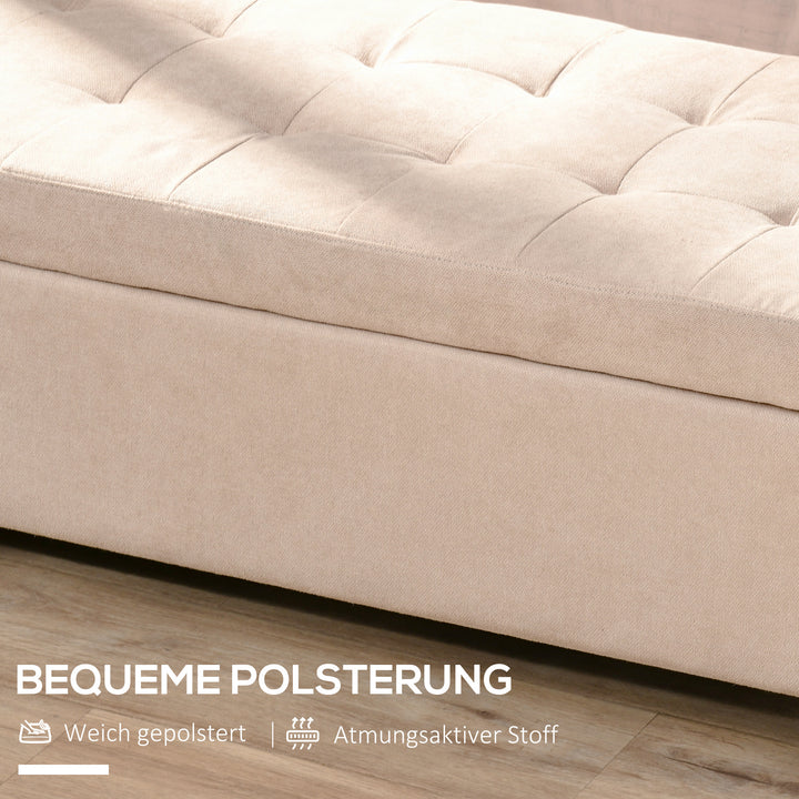 Polstret bænk med opbevaring, knapsyninger, op til 120 kg, 125 x 49 x 41,5 cm, beige