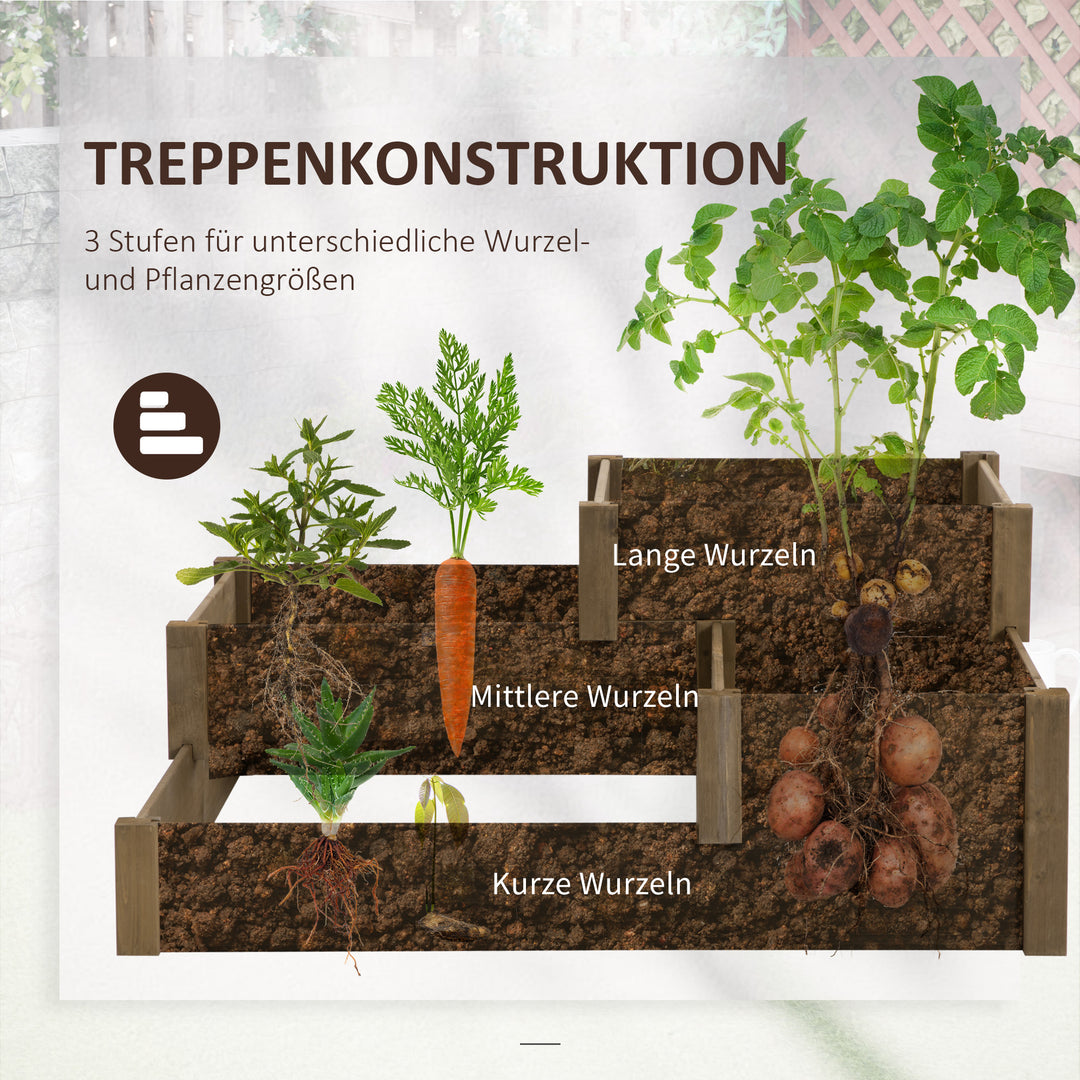 Højbed, 4 plantekasser i 3 niveauer, vejrbestandig, massivt træ, 122 cm x 122 cm x 51 cm, natur