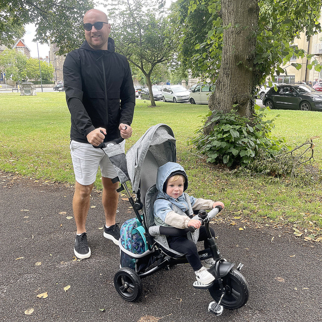 Børnetrecykel, børnecykel, bagkurv, kopholder, solskærm, metal, grå