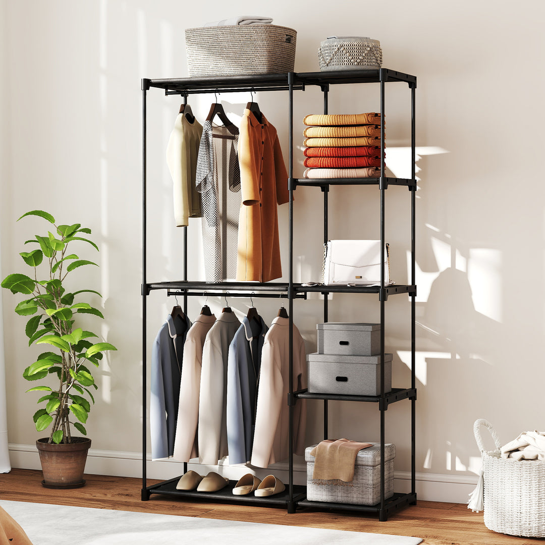 Stofgarderobe med bøjlestang og hylder, til soveværelse eller påklædningsværelse, 111 x 43 x 185 cm, sort