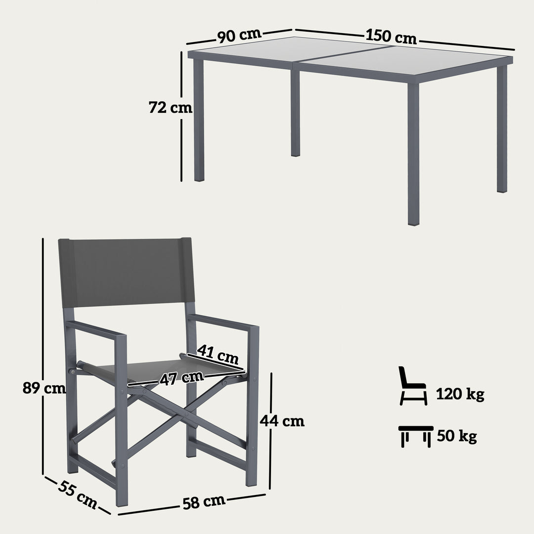 5-Delt spisebordssæt i stål til 4 personer, spisebord med 4 klapstole og glasbord i grå