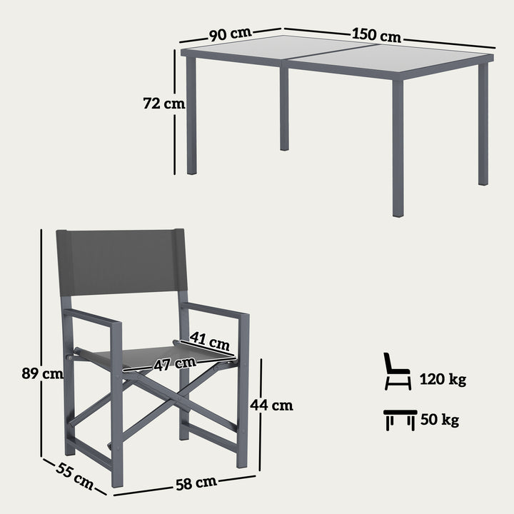 5-Delt spisebordssæt i stål til 4 personer, spisebord med 4 klapstole og glasbord i grå