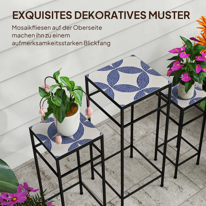 Sæt med 3 plantestativer, 3 forskellige størrelser stativer til fremvisning af blomster og andre genstande, blå+hvid