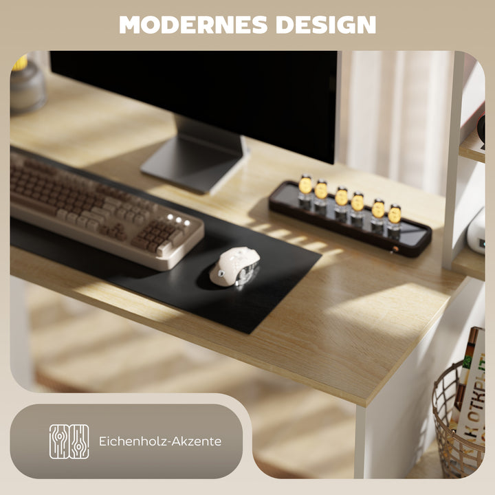 Computerbord med åbne hylder og opbevaringsrum, stål, lysebrun + hvid