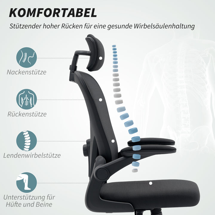 Ergonomisk kontorstol med opklappelige armlæn og justerbar lændestøtte, sort