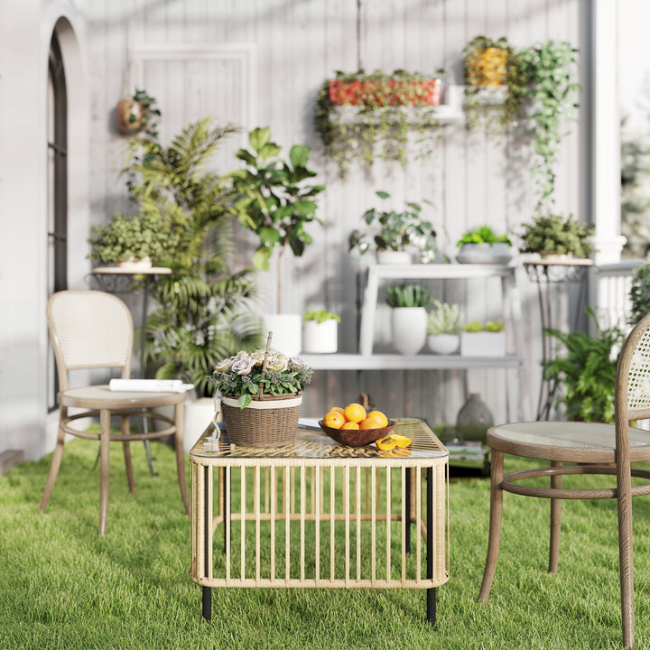 Havebord i polyrattan, 65 x 65 x 43 cm, vejrbestandigt sidebord firkantet med glasplade i naturtræ