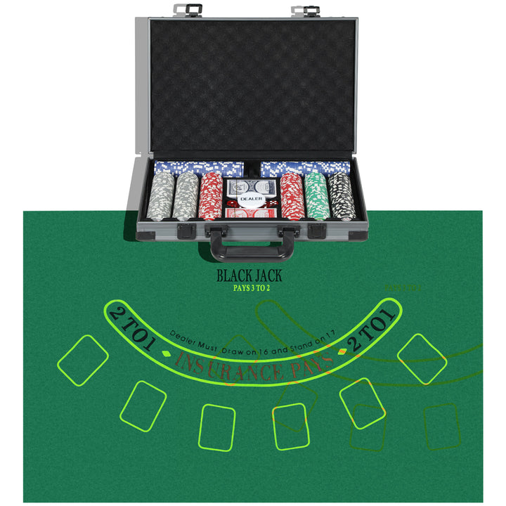 Pokersæt, pokerkasse, 400 chips, 2 sæt kort, 5 terninger, dealer-disk, måtte