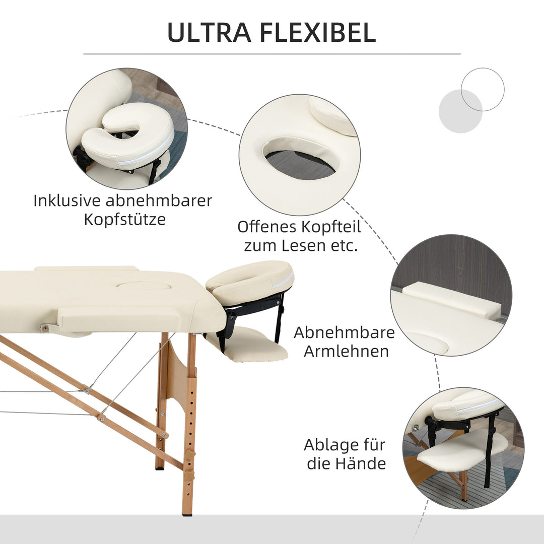 Massagebriks, foldbar massagesofa, højdejusterbar massagebænk til spa, salon, kunstlæder, træ, cremehvid