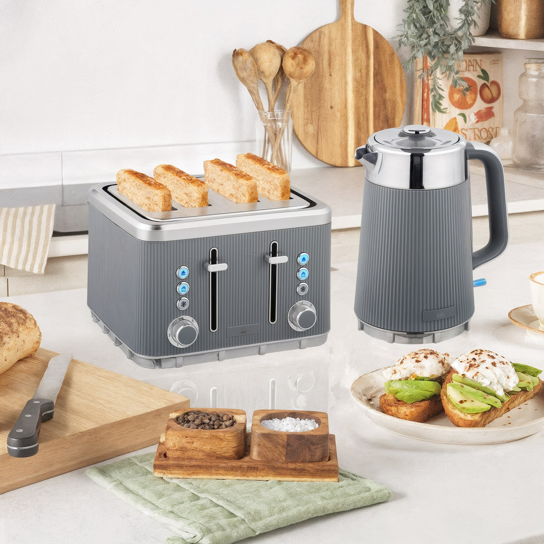 2200W, 1,7L elkedel med hurtigkogningsfunktion, afkalkningsfilter og brødrister til 4 skiver med 7 ristningsniveauer, grå
