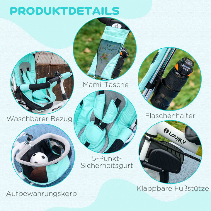 Børnetrehjulet cykel, børnecykel, bagkurv, kopholder, solskærm, metal, grøn