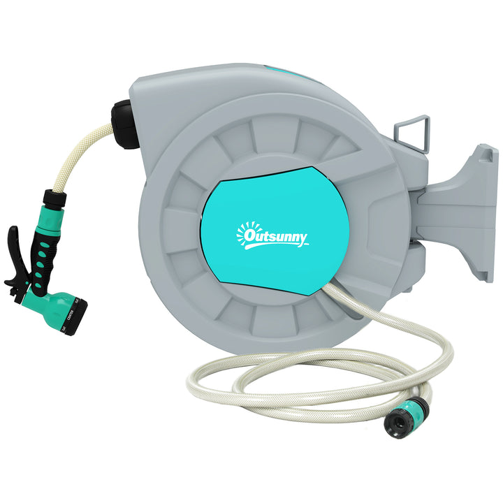 Haveslangeholder, 20+2 meter haveslange i robust hus, vægmontering, 7 sprøjtemønstre, 180° roterbar, grå