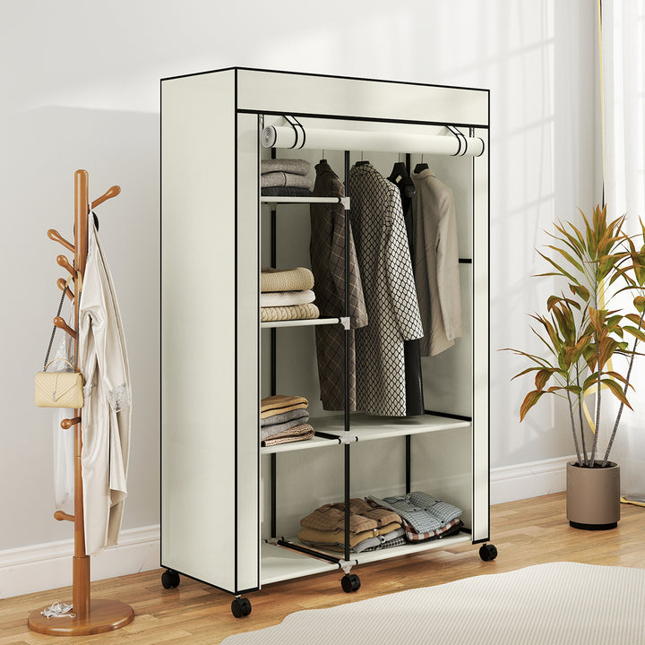 Stofgarderobe, opbevaringsløsning, 6 hylder, 1 garderobestang, cremefarvet