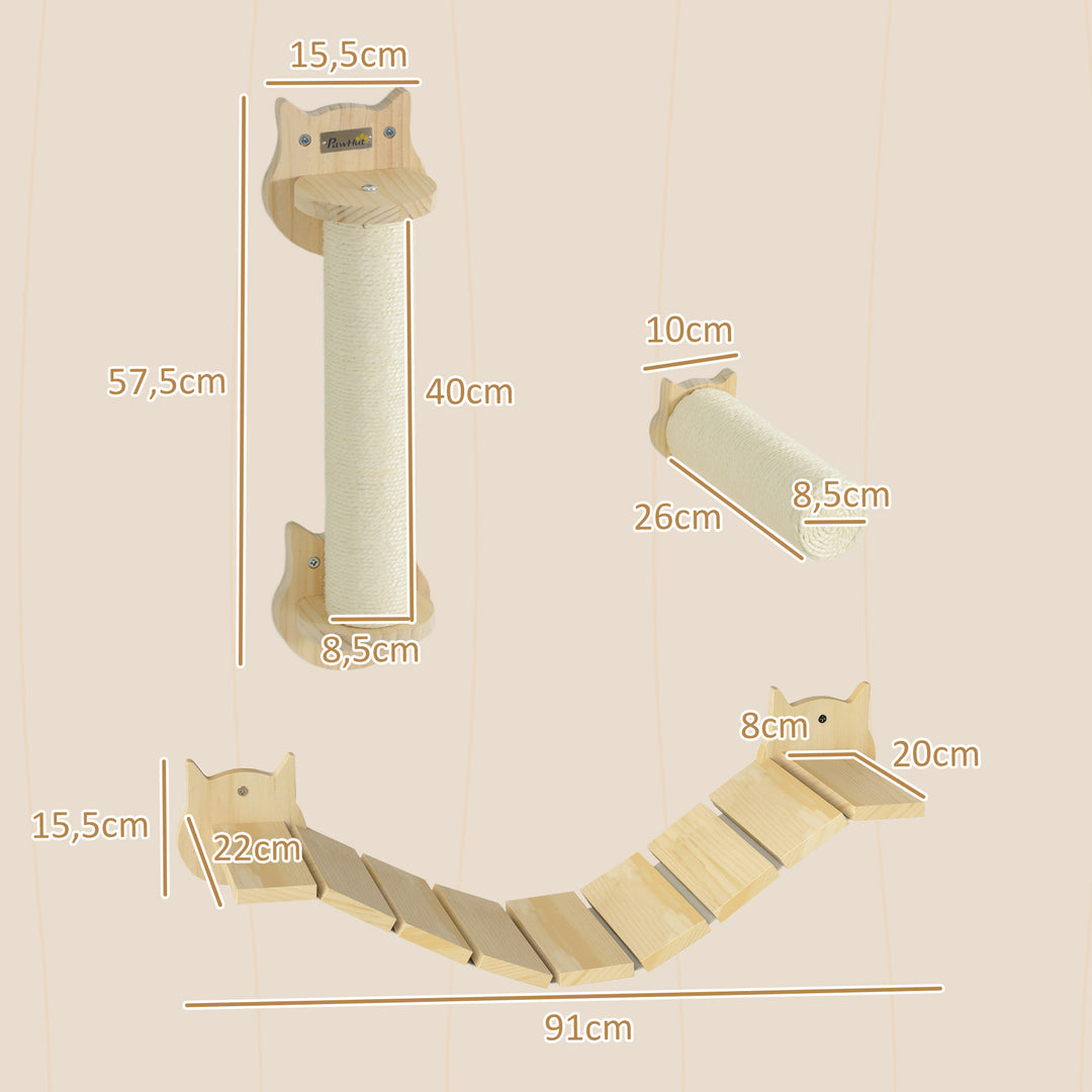 3-Delt klatresæt til katte, vægmonteret kradsetræ med kradsetræ, trin, stige, naturtræ