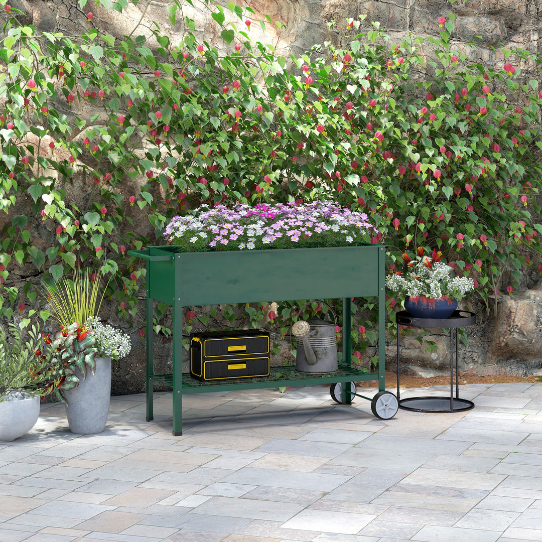 Højbed, plantekasse, 1 hylde, 2 hjul, 109 cm x 44 cm x 80 cm, grøn