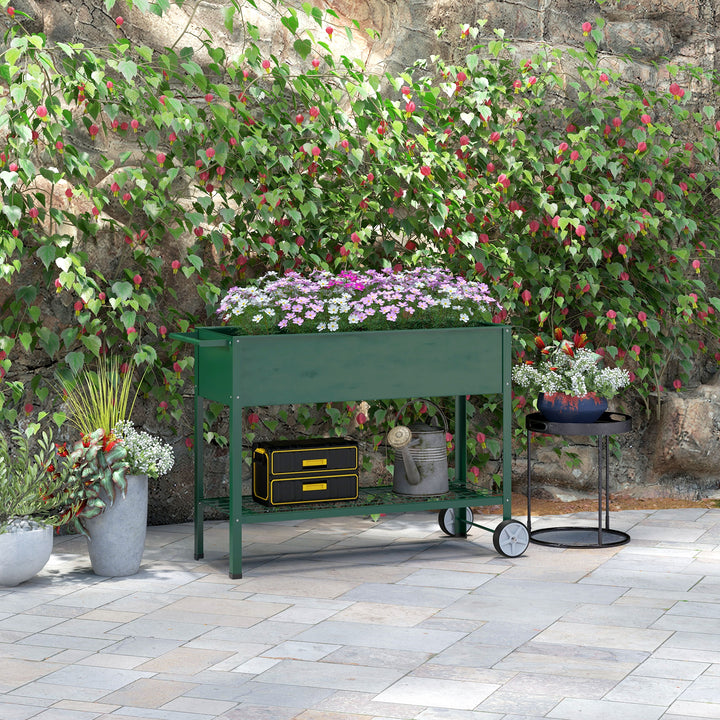 Højbed, plantekasse, 1 hylde, 2 hjul, 109 cm x 44 cm x 80 cm, grøn
